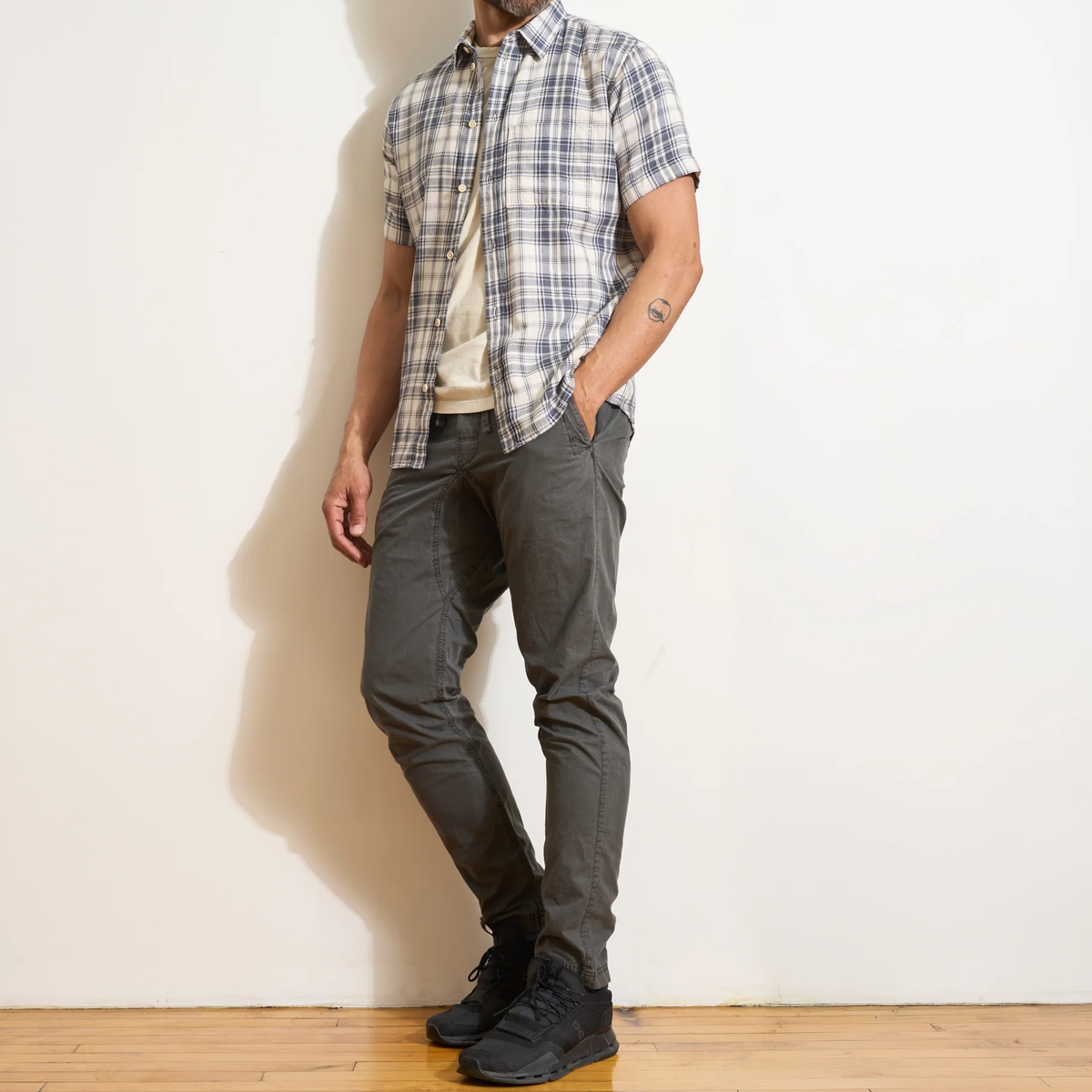 Short Sleeve Double Woven Plaid Mens Shirt