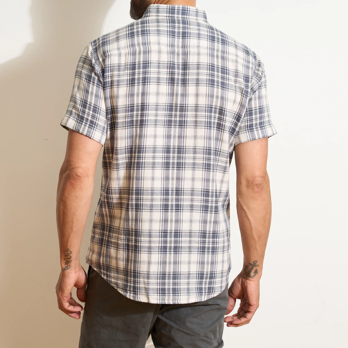 Short Sleeve Double Woven Plaid Mens Shirt