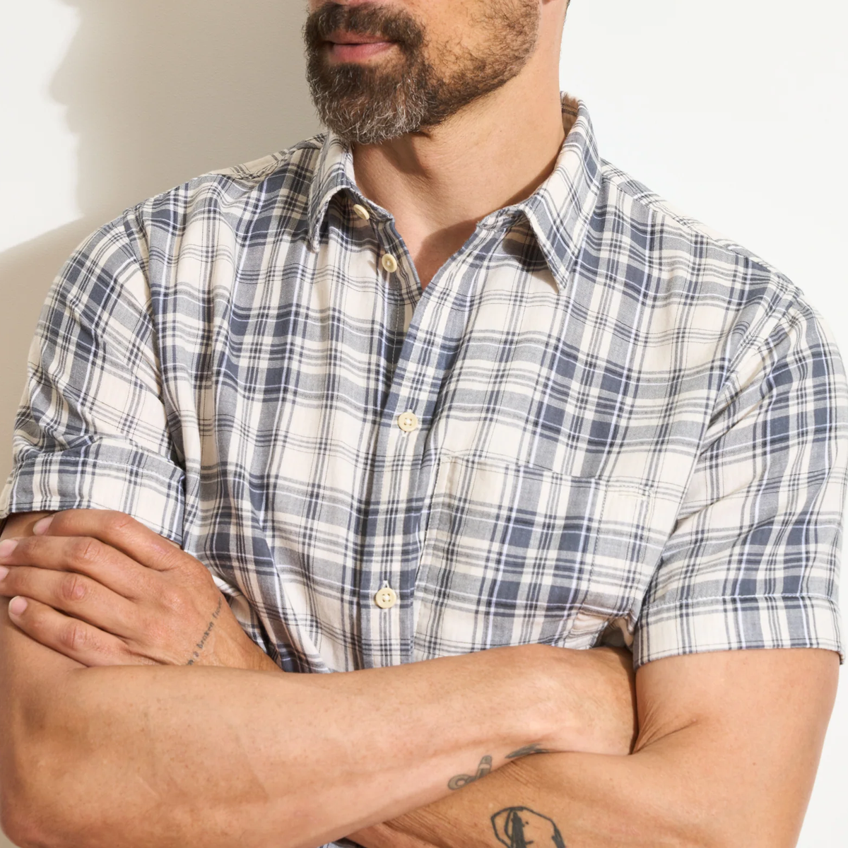 Short Sleeve Double Woven Plaid Mens Shirt