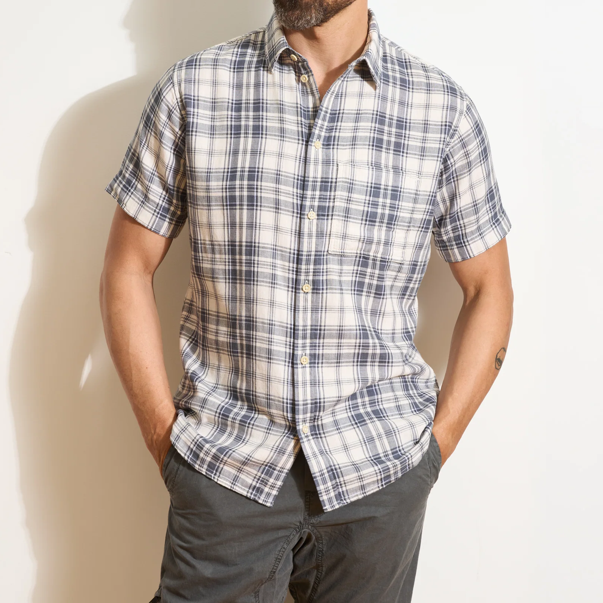 Short Sleeve Double Woven Plaid Mens Shirt