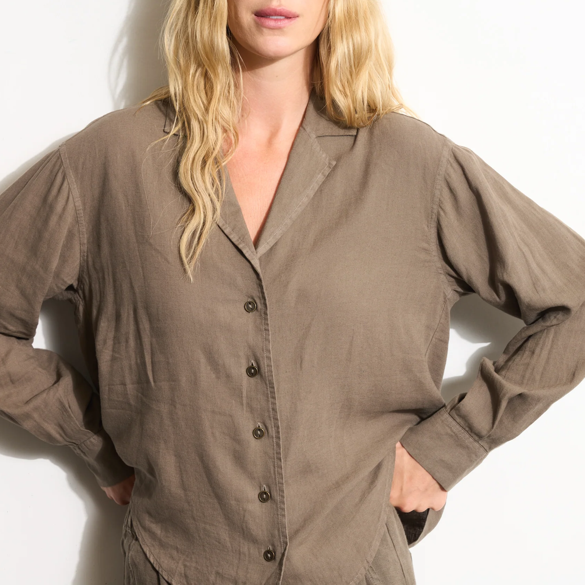 Slightly Oversized Linen Rayon Blend Women's Camp Collar Long Sleeve Shirt