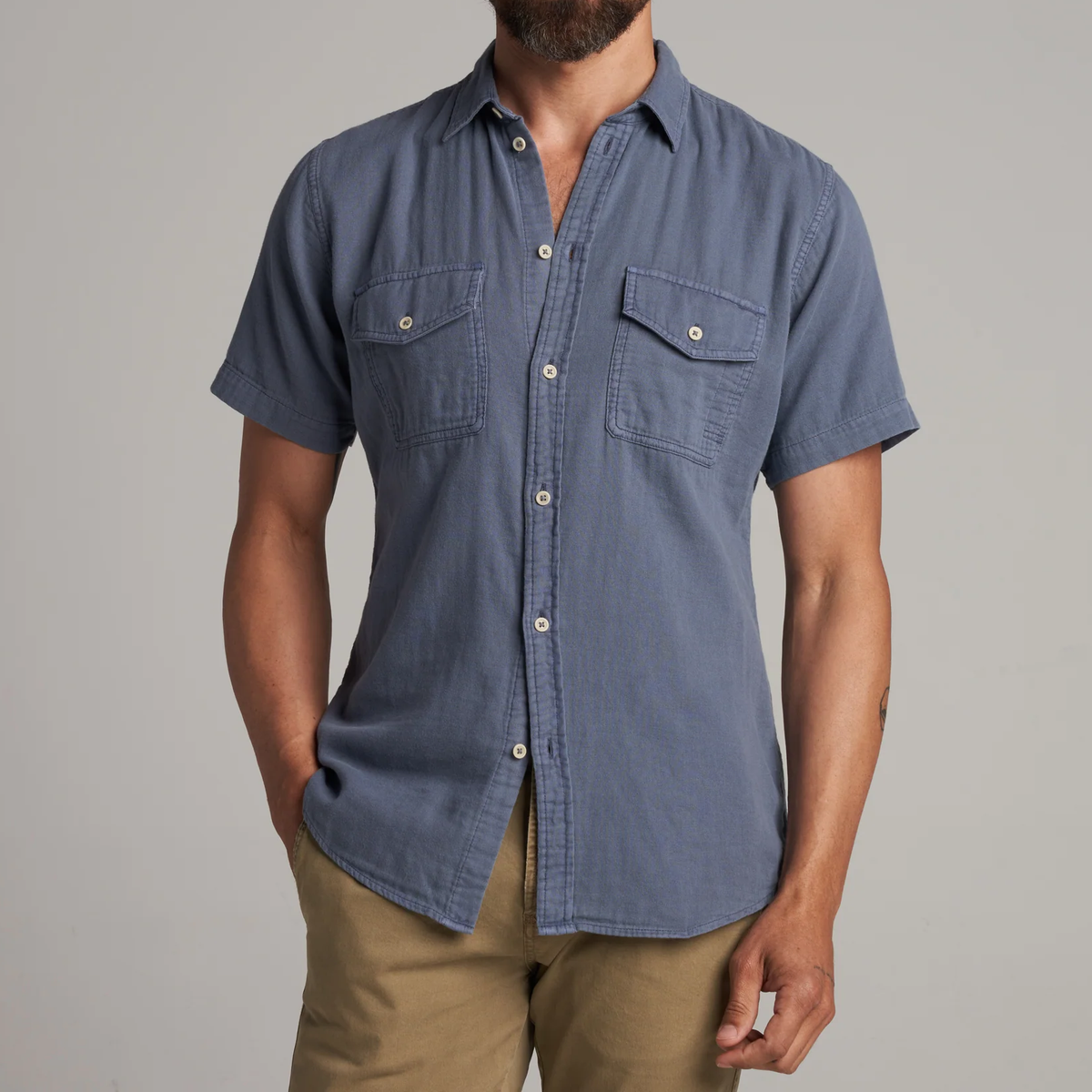 Double Layer Cotton Gauze Mens Short Sleeve Shirt