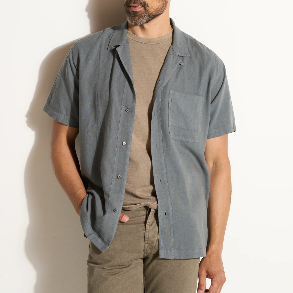 Linen Rayon Tabby Weave Mens Camp Collar Shirt