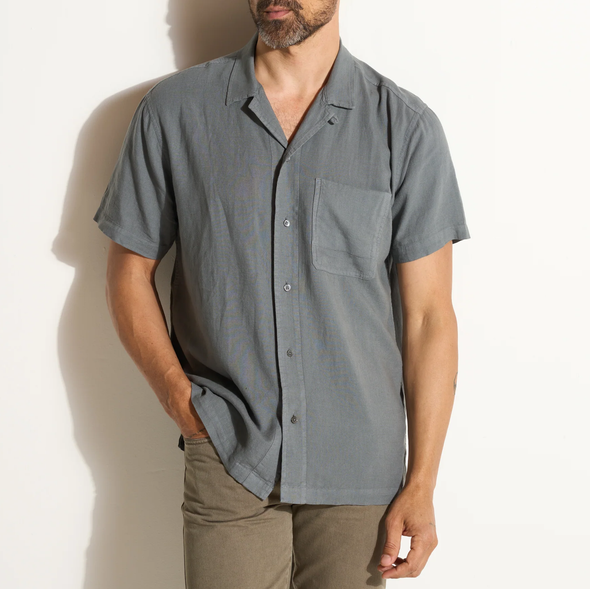 Linen Rayon Tabby Weave Mens Camp Collar Shirt