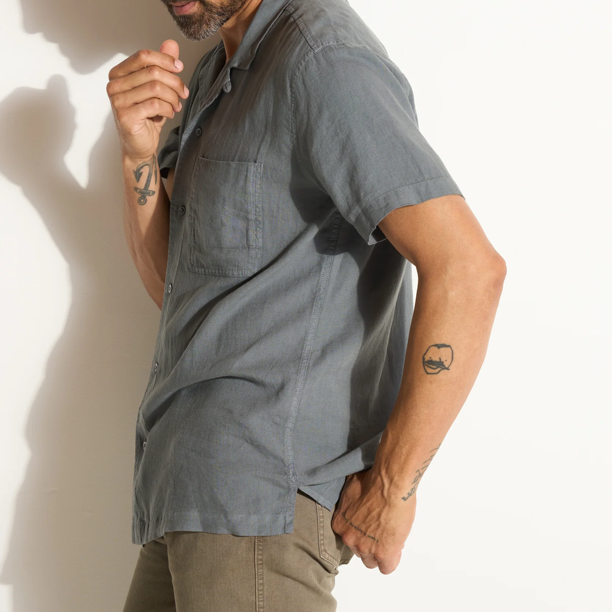 Linen Rayon Tabby Weave Mens Camp Collar Shirt
